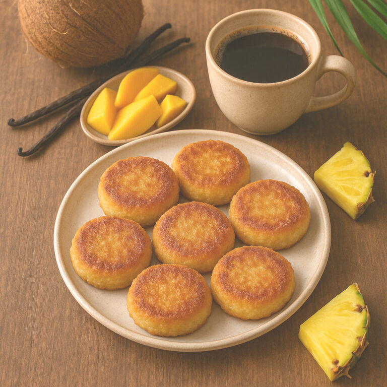 Galettes de manioc réunionnaises prêtes à déguster avec café ou fruits tropicaux
