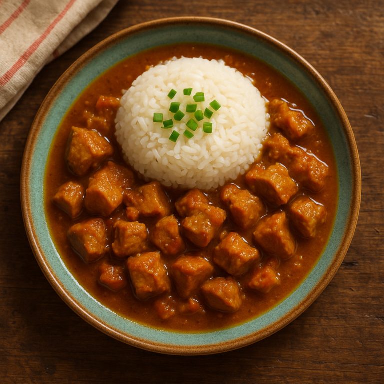 Cari de porc réunionnais servi avec riz blanc et oignons verts dans une assiette créole, nappé d’une sauce épaisse au curcuma