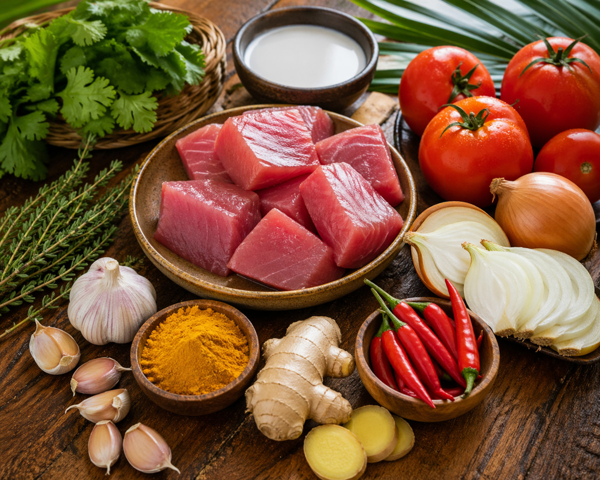 Ingrédients frais pour cari de thon réunionnais sur table en boispng